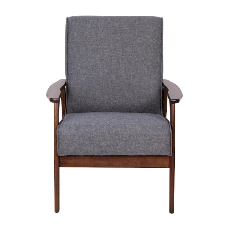 Křeslo ve stylu Mid-Century Modern s dřevěným rámem a polštáři z umělé kůže