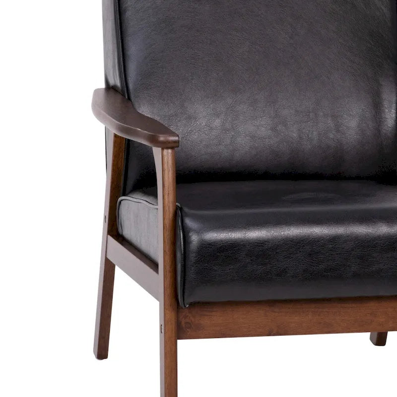 Křeslo ve stylu Mid-Century Modern s dřevěným rámem a polštáři z umělé kůže