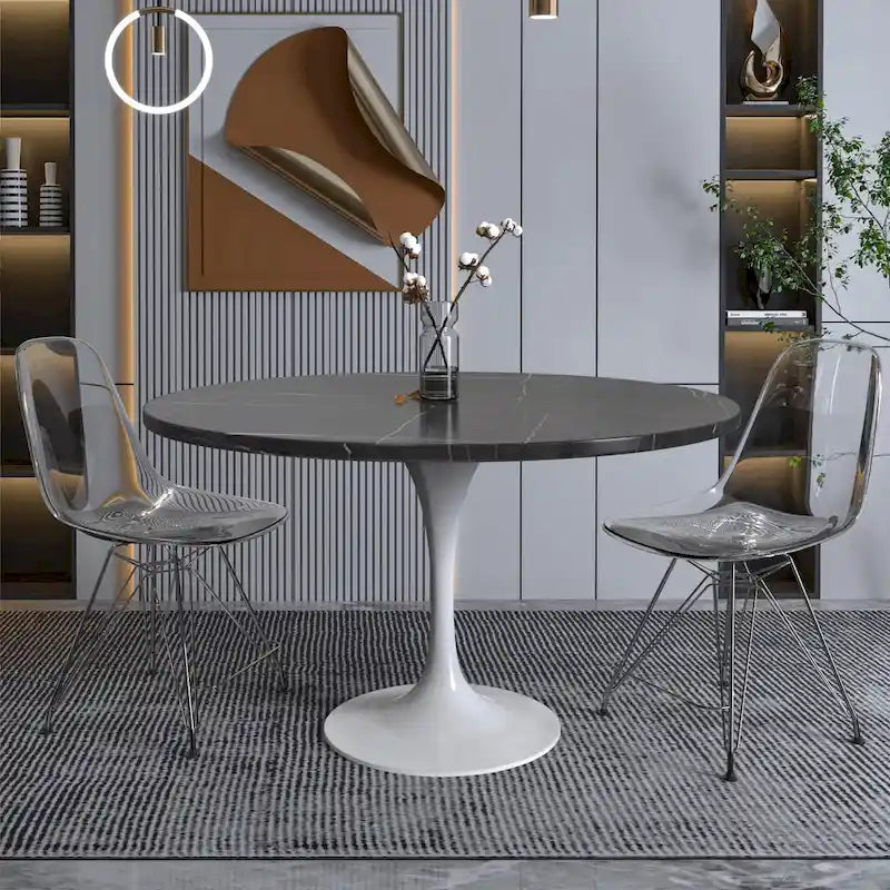 48" kulatý jídelní stůl s deskou ze slinutého kamene a bílou ocelovou podnoží